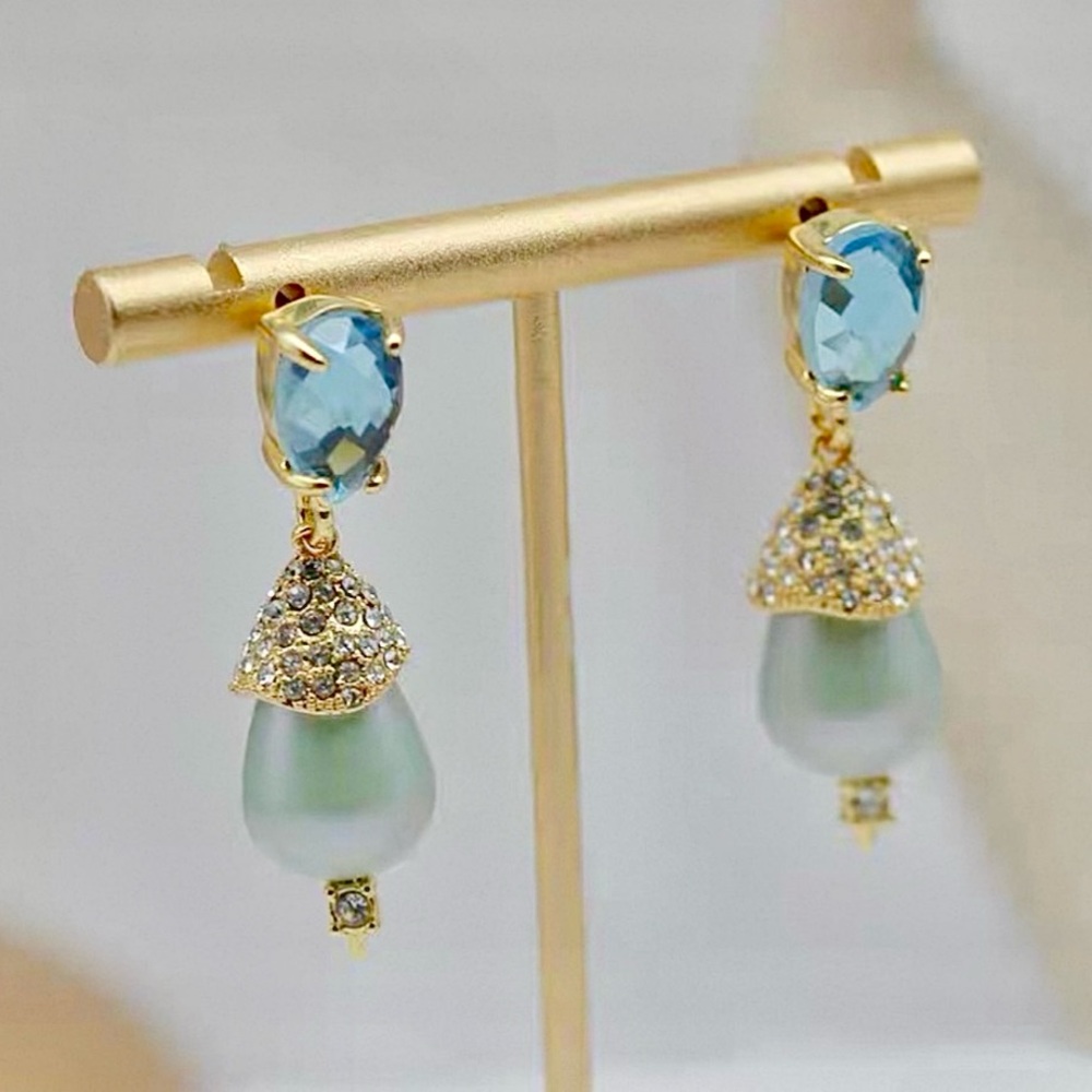 Alexis Bittar Gold Drop Earrings with Blue Stones and Mint Pearls